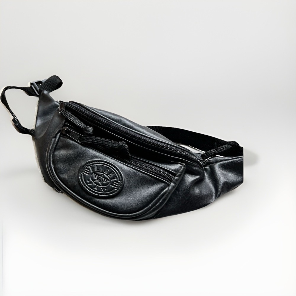 Flight Pax Vtg Blk Faux Leather Fanny Pack Waist Bag Multi Pocket Classic Travel
